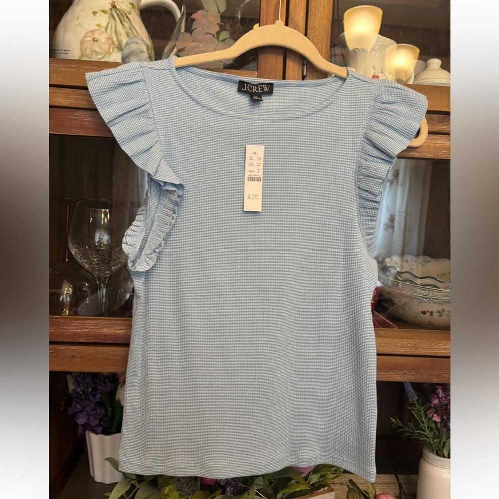 J. Crew Light Blue Rib Ruffle Boatneck Tank - Picture 2 of 8